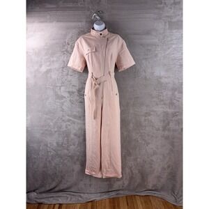 Sandro Mock Neck Jumpsuit Womens Size 38 Pink Zip Belted Utility Wide Leg
